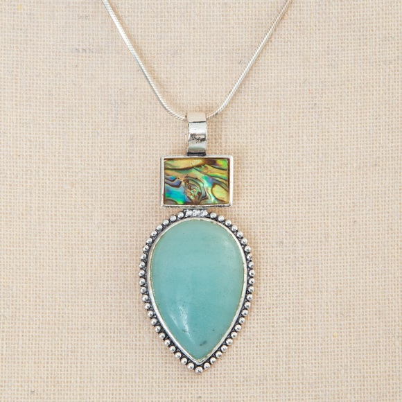 Southwestern pendant turquoise look pear stone, silver look accents Roman stamp - Picture 5 of 11